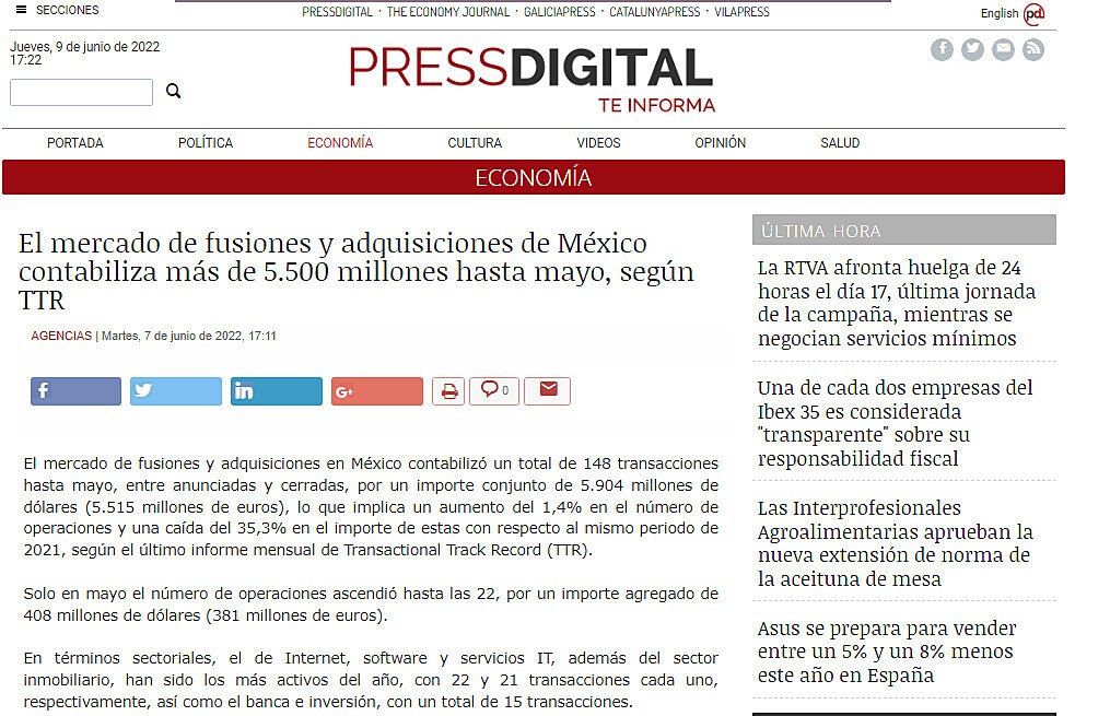 El mercado de fusiones y adquisiciones de México contabiliza más de 5.500 millones hasta mayo, según TTR